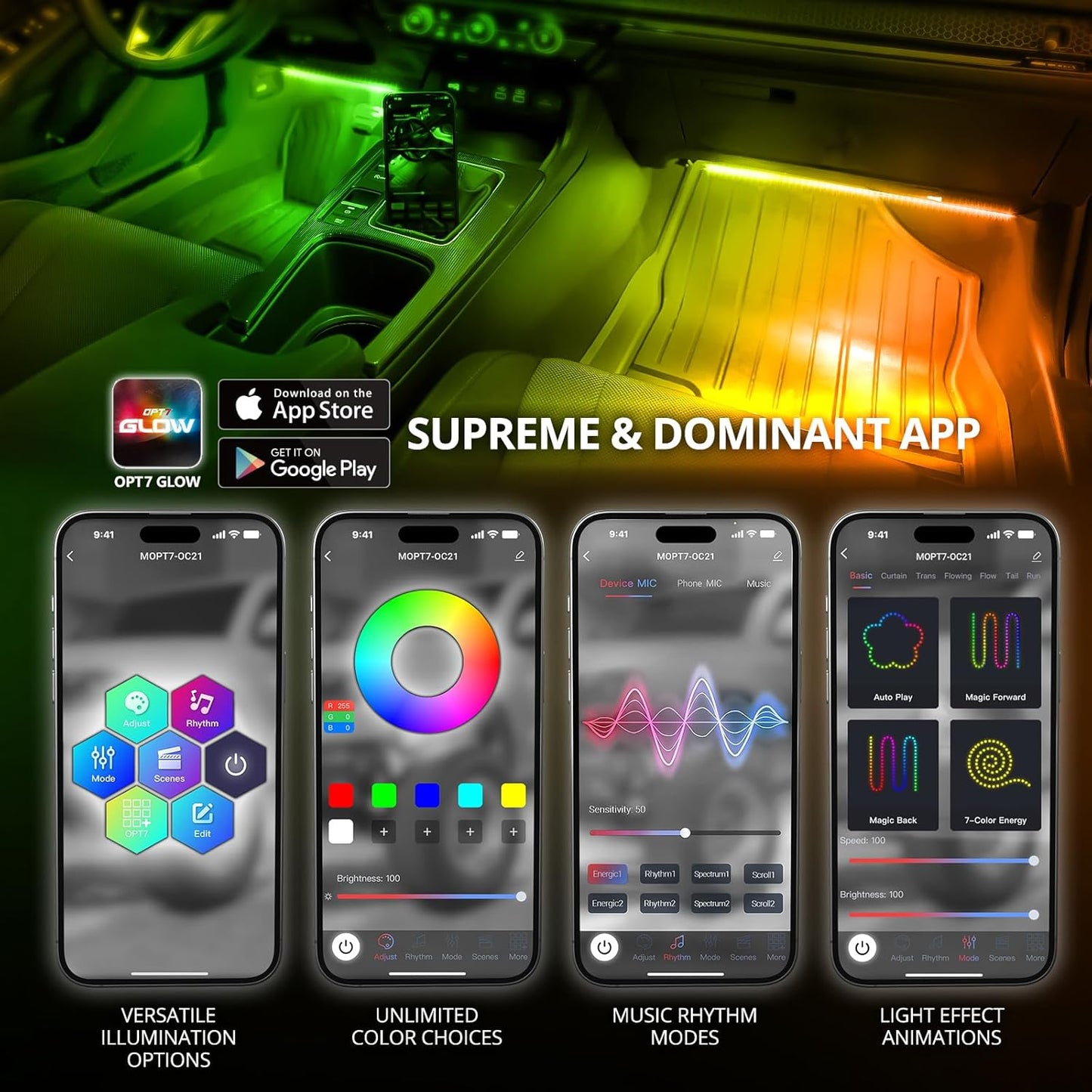 OPT7 Aura DreamColor RGB-IC Car Interior Ambient Light, 6PC Single Row LED Strips, Color Chasing Light Kit w/APP & Remote Control, Universal for Vehicles SUV Truck Pickup Van