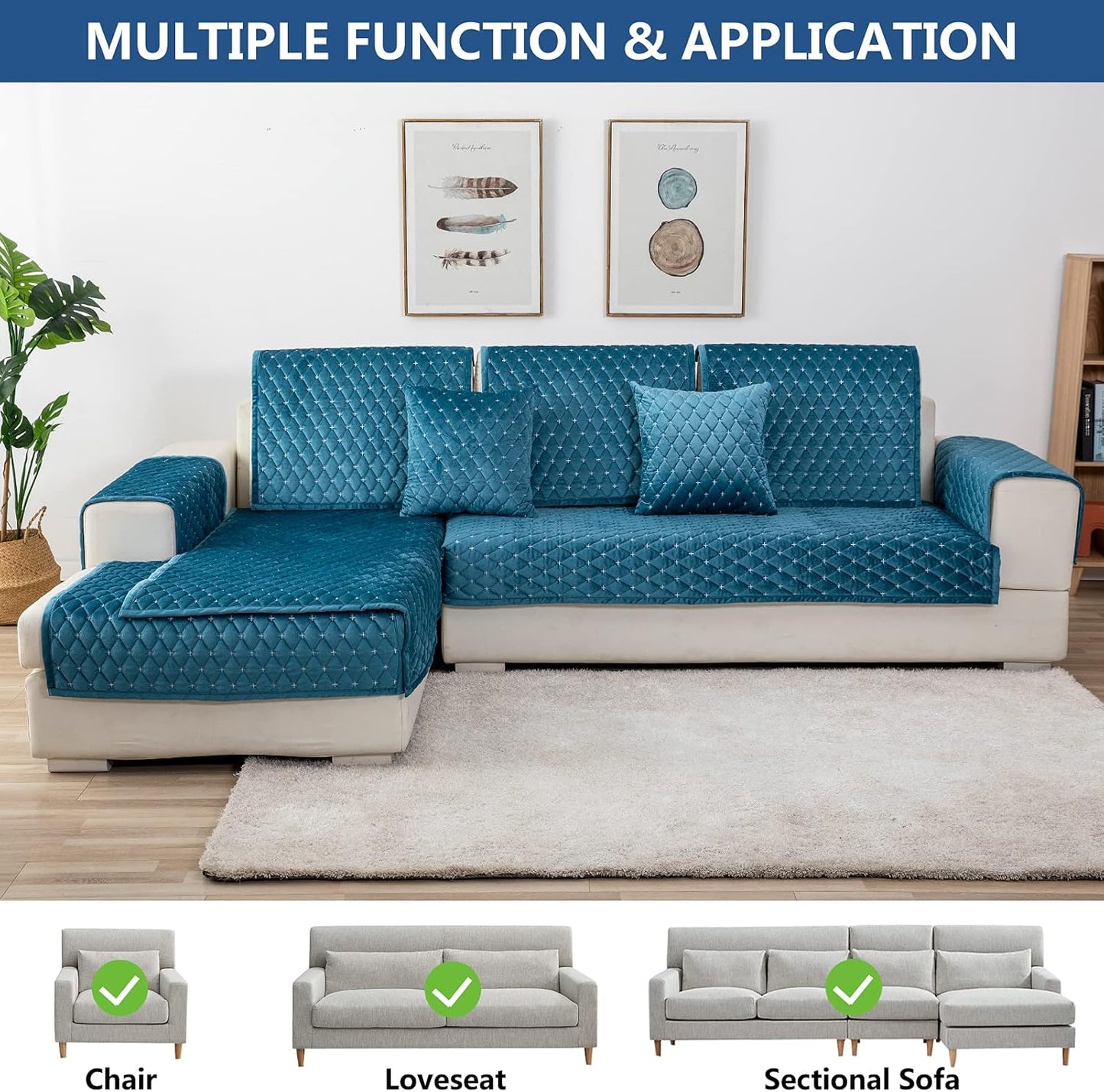 Eismodra Couch Cover,Sectional Couch Covers,Sofa Covers for 3 Cushion Couch,Anti-Slip Sofa Slipcovers for Dogs Cats Kids Loveseat Recliner L Shaped Armrest Backrest,Blue 36''x94''(Only 1 Piece)