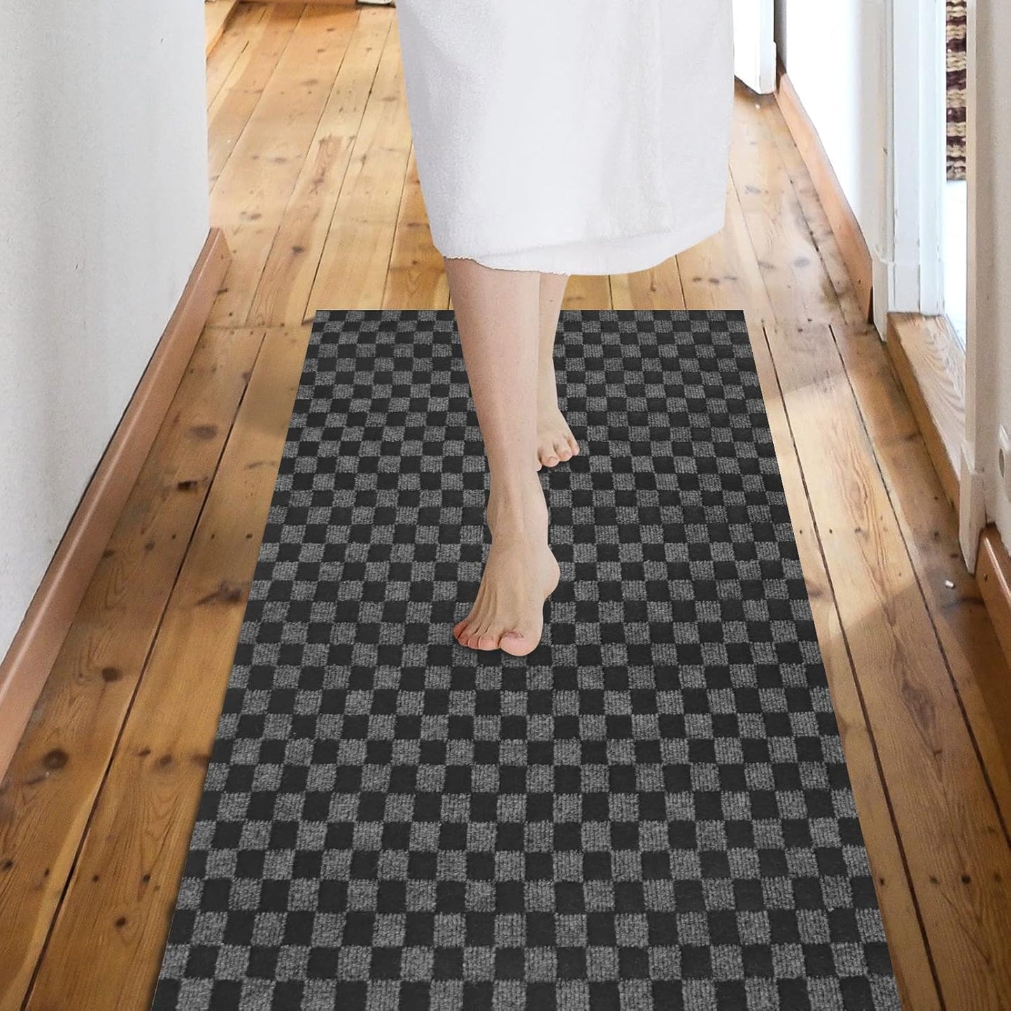 Custom Size Backed Non-Slip Area Rugs Runner, Easy Clean, Waterproof Runner Rugs for Hallway Entryway, Kitchen, Laundry, 4FT x 33FT, Gray Checkered