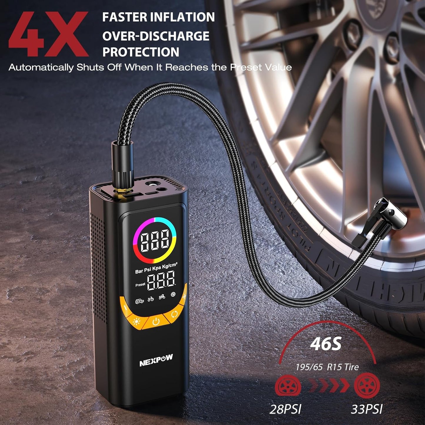 NEXPOW NP17 Portable Air Compressor, 150 PSI Digital Tire Inflator, Fast Inflation with Auto Shut-Off, LED Light, Multiple Nozzles for Car, Bike, and Ball, Compact Design, Yellow
