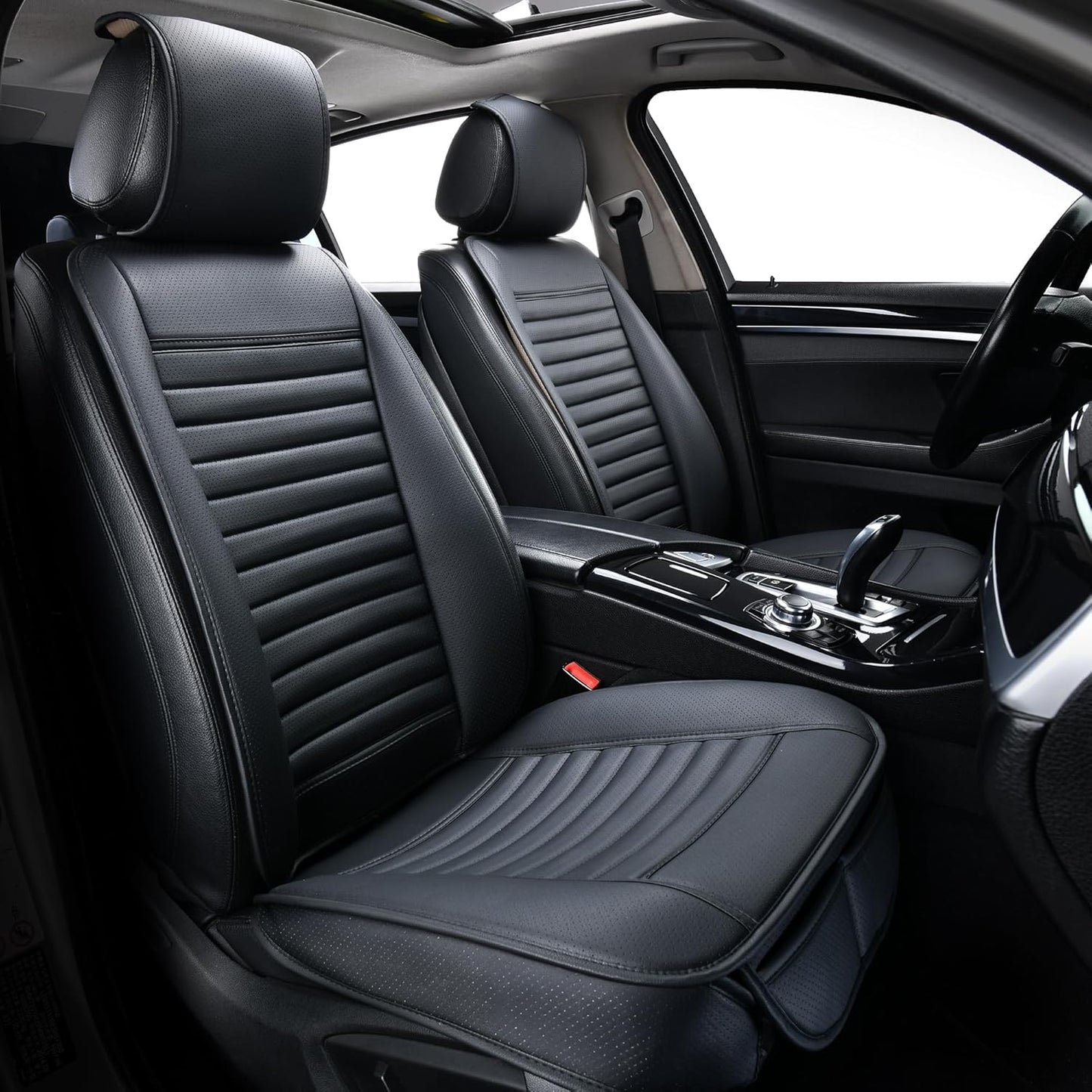2pc Car Seat Covers, Luxury Car Protectors, Universal Anti-Slip Driver Seat Covers, Edge Wrapping Front Car Seat Covers with PU Leather(Black)