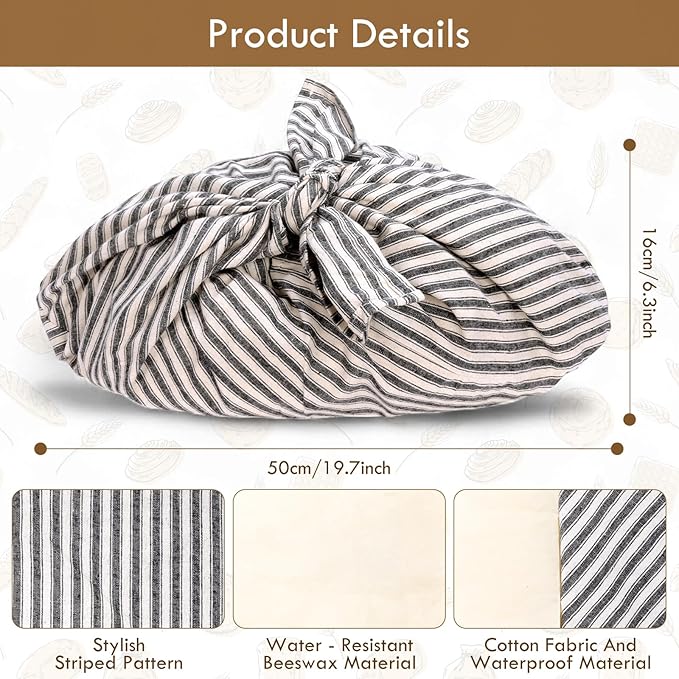yeload 2 Pack Beeswax Bread Bags, Striped Linen Bento Bags, 14" Cotton Loaf Bag, Reusable Organic Food Storage, Sourdough Bag, Rustic Farmhouse Azuma Bukuro Origami Wrap for Baked Gifts (Black, 2)