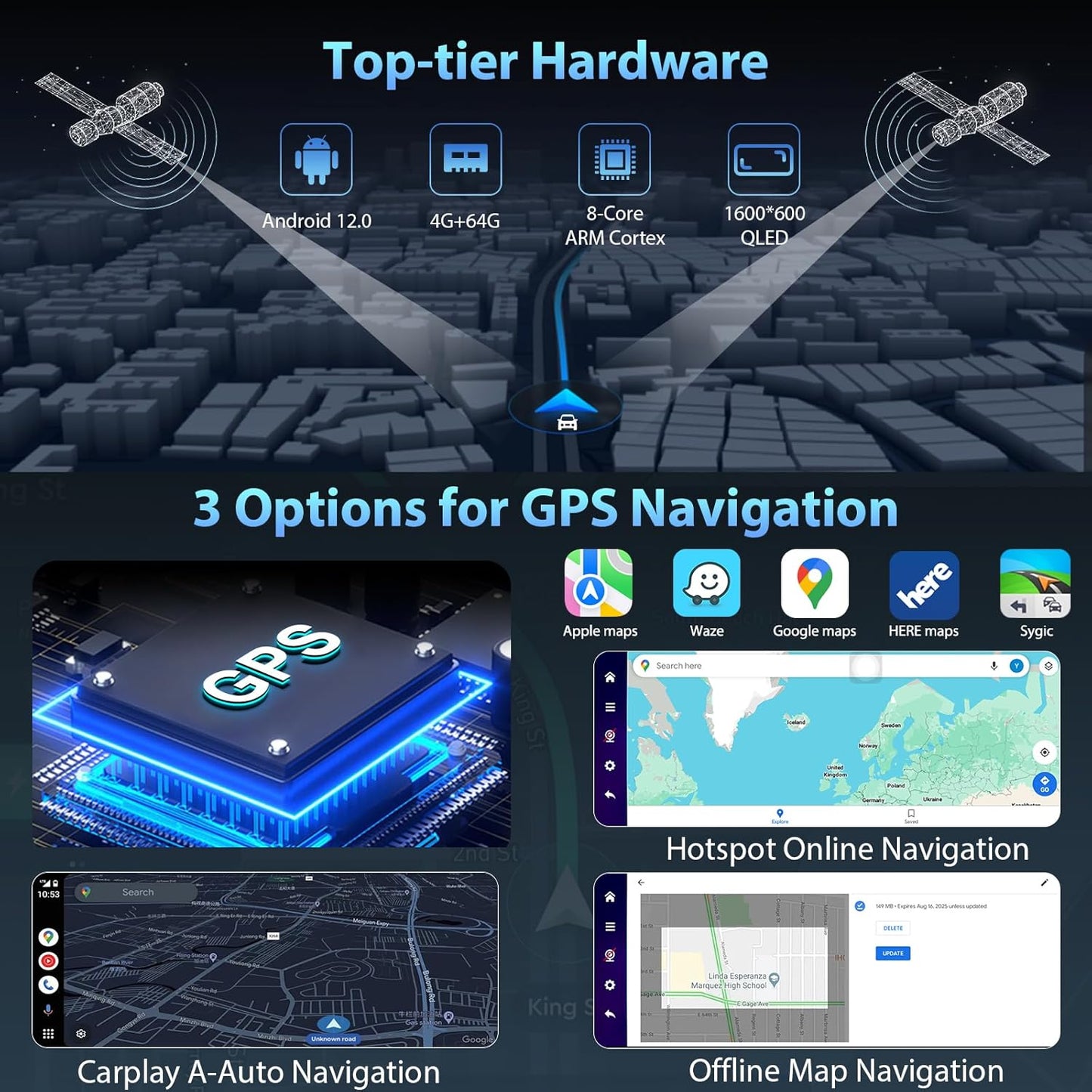 CARPURIDE Wireless CarPlay & Android Auto 4+64GB 8-Core, Online & Offline GPS Navigation 10.26 inch Car Play Screen, G00GLE Play, Mirror Link, Bluetooth, GPS-Antenne, Backup Cam