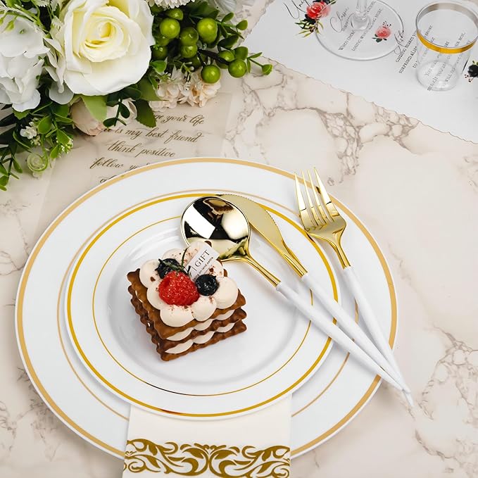 N9R 90PCS Gold Plastic Silverware - Gold Plastic Cutlery Set with White Handle, Heavy Duty Plastic Silverware with 30 Spoons, 30 Forks, 30 Knives - Perfect for Birthday Party, wedding and Everyday Use
