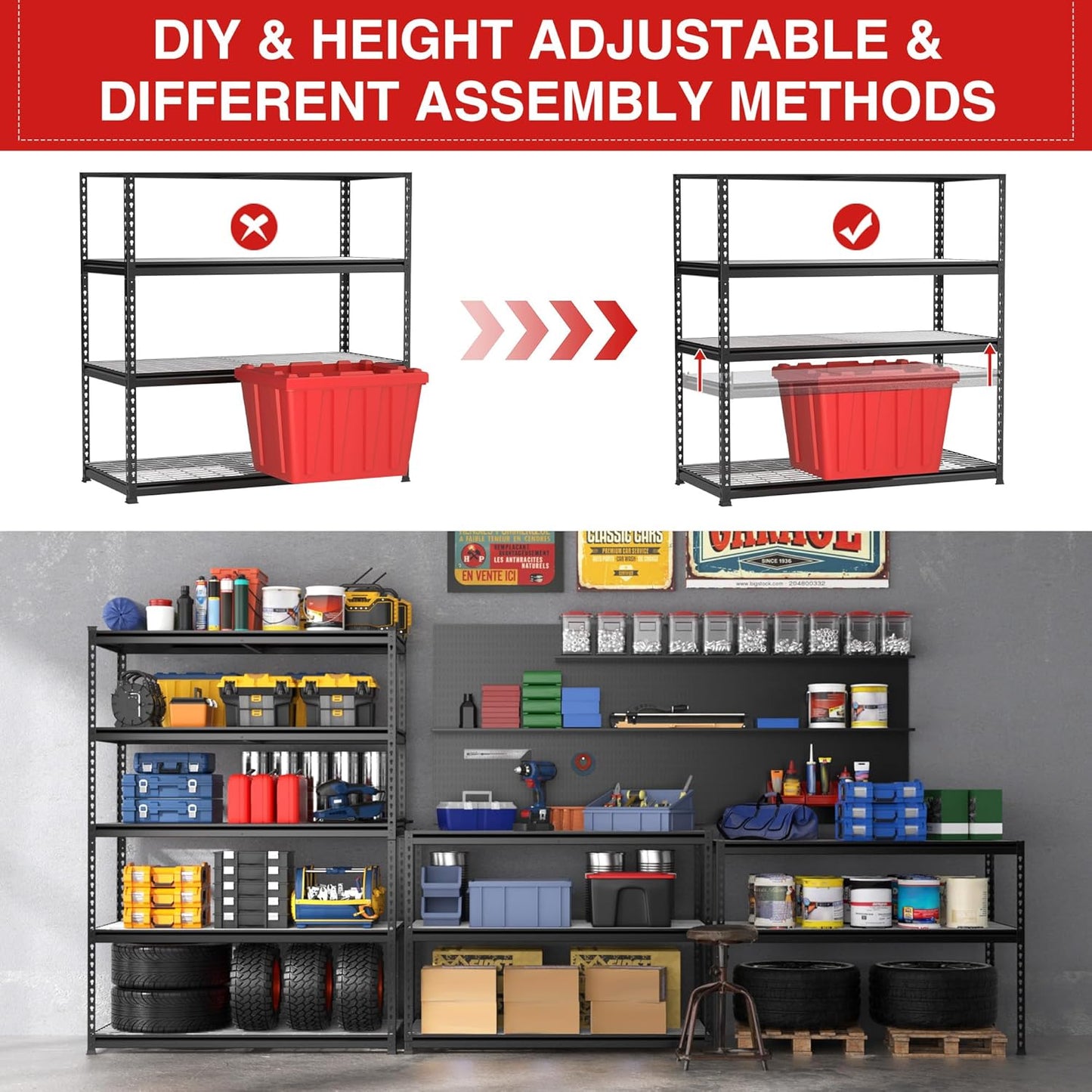 WORKPRO 5-Tier Metal Shelving Unit, 48”W x 24”D x 72”H, Heavy Duty Adjustable Garage Shelving, 4000 lbs Load Capacity (Total), Storage Rack for Garage, Basement, Warehouse, Workshop, 2 Pack