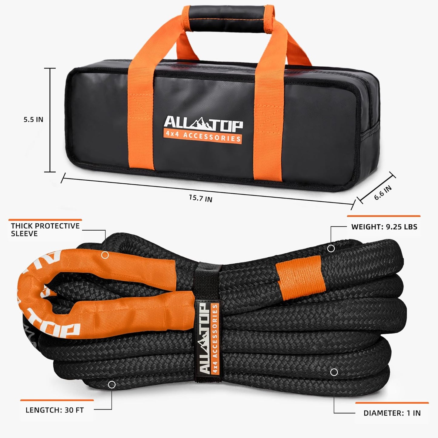 ALL-TOP Kinetic Recovery Rope, 48000Lbs, 1in x 30ft, Heavy Duty 30+% Elasticity, 16000Lbs Work Load Limit for 4x4 Offroad Vehicle