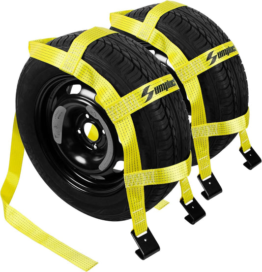 Tow Dolly Basket Straps with Flat Hooks Fits 14" 15" 16" Car Auto Hauler Wheel for A Car Trailer,SUV,UTV,ATV Transport Vehicle Tire Tie Down Strap Kit Heavy Duty Tire Bonnet Net Safe