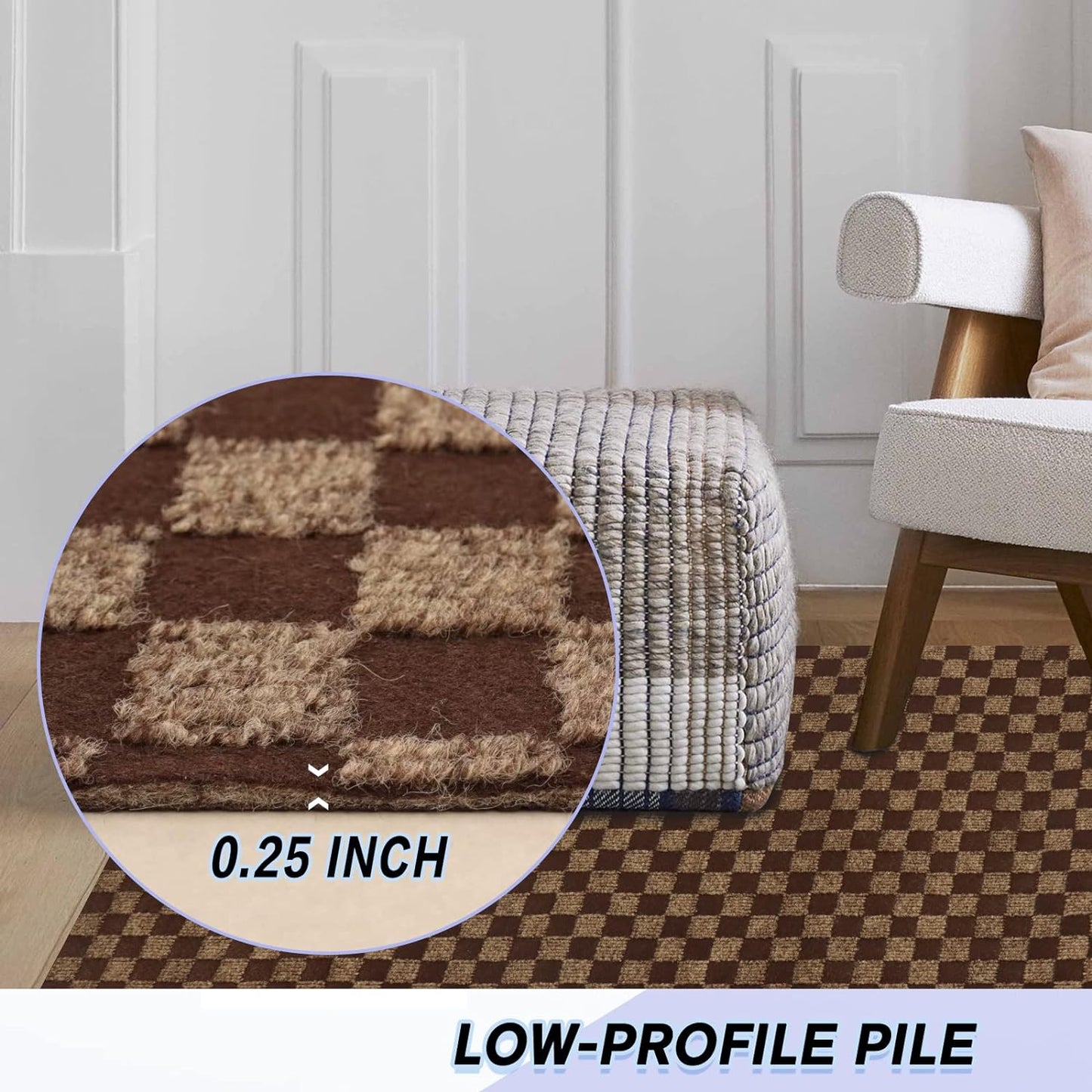 Custom Size Backed Non-Slip Area Rugs Runner, Easy Clean, Waterproof Runner Rugs for Hallway Entryway, Kitchen, Laundry, 4FT x 69FT, Brown Checkered