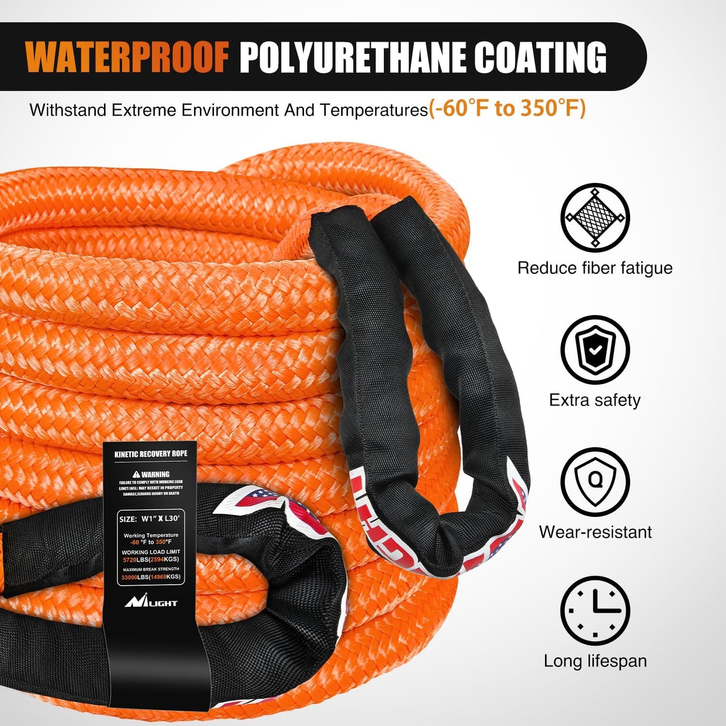 Nilight Kinetic Recovery Rope 33000 LBS 1" x 30ft Snatch Strap Heavy Duty Offroad Towing Starp Kit Vehicle Recovery kit for UTV ATV SUV Truck Car Jeep Tractor