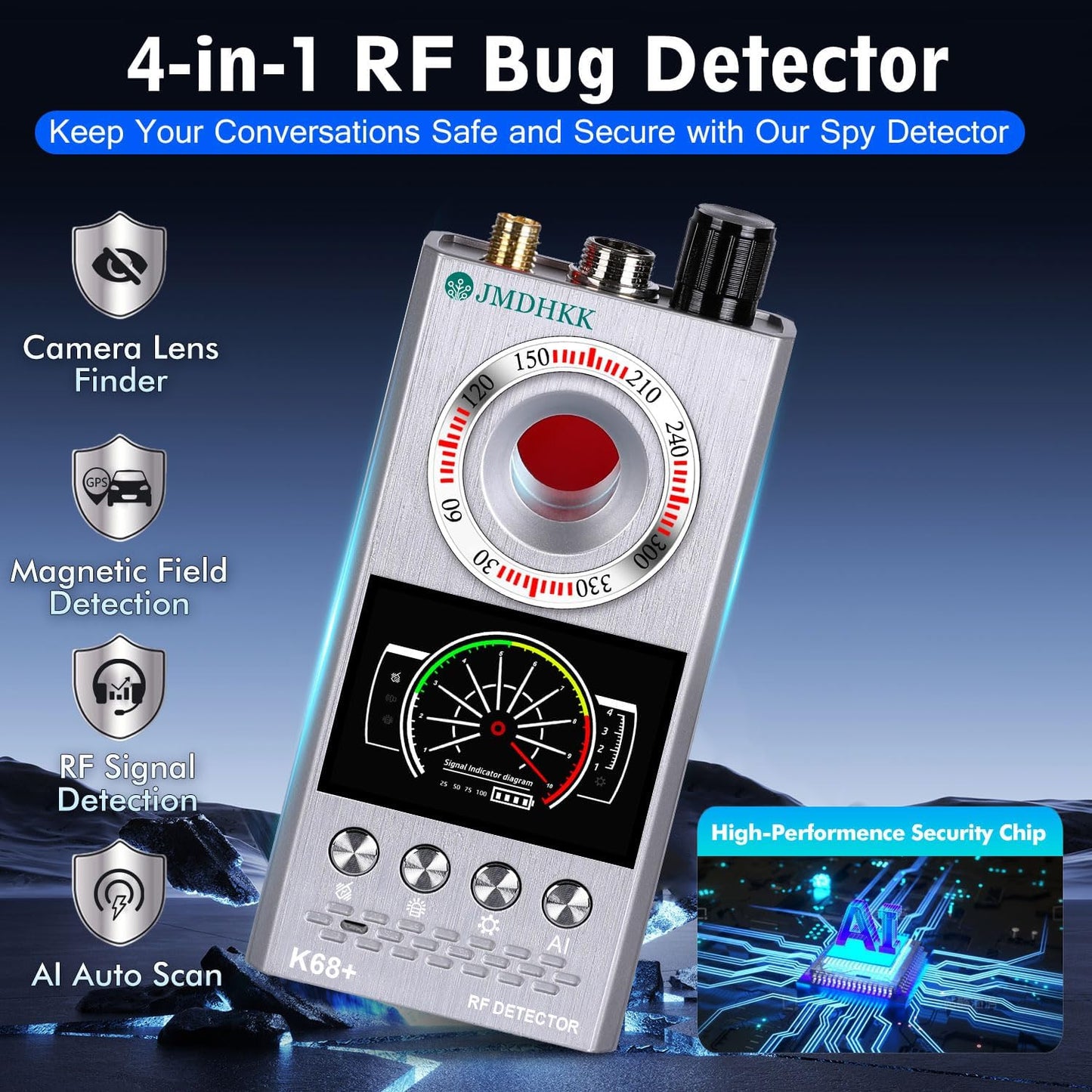 JMDHKK Hidden Camera Detector & Bug Detector – Magnetic Tracker & Wireless Signal Finder for Home, Office, Hotel, Car – Advanced Privacy Protection for Travel & Security（Silver