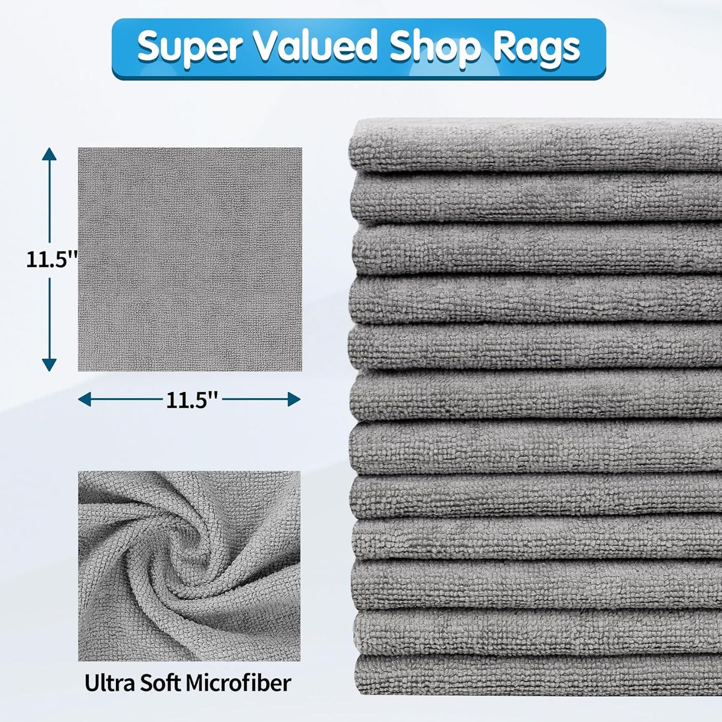 FIXSMITH Shop Towels, Pack of 100, Grey Microfiber Cleaning Cloth Bulk, Microfiber Towels for Cars, All-Purpose Absorbent Cleaning Rags, Dust Cloth for Automotive, Mechanic, Garage, 11.5 x 11.5 inch